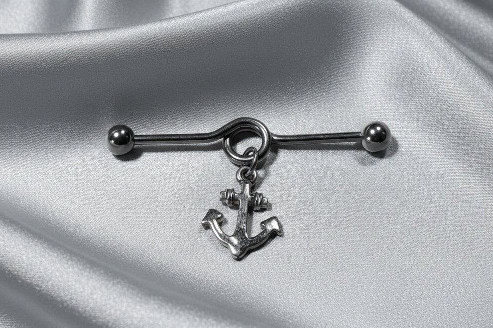 Dangling Anchor Industrial Ear Barbell in 316l stainless steel horizontal