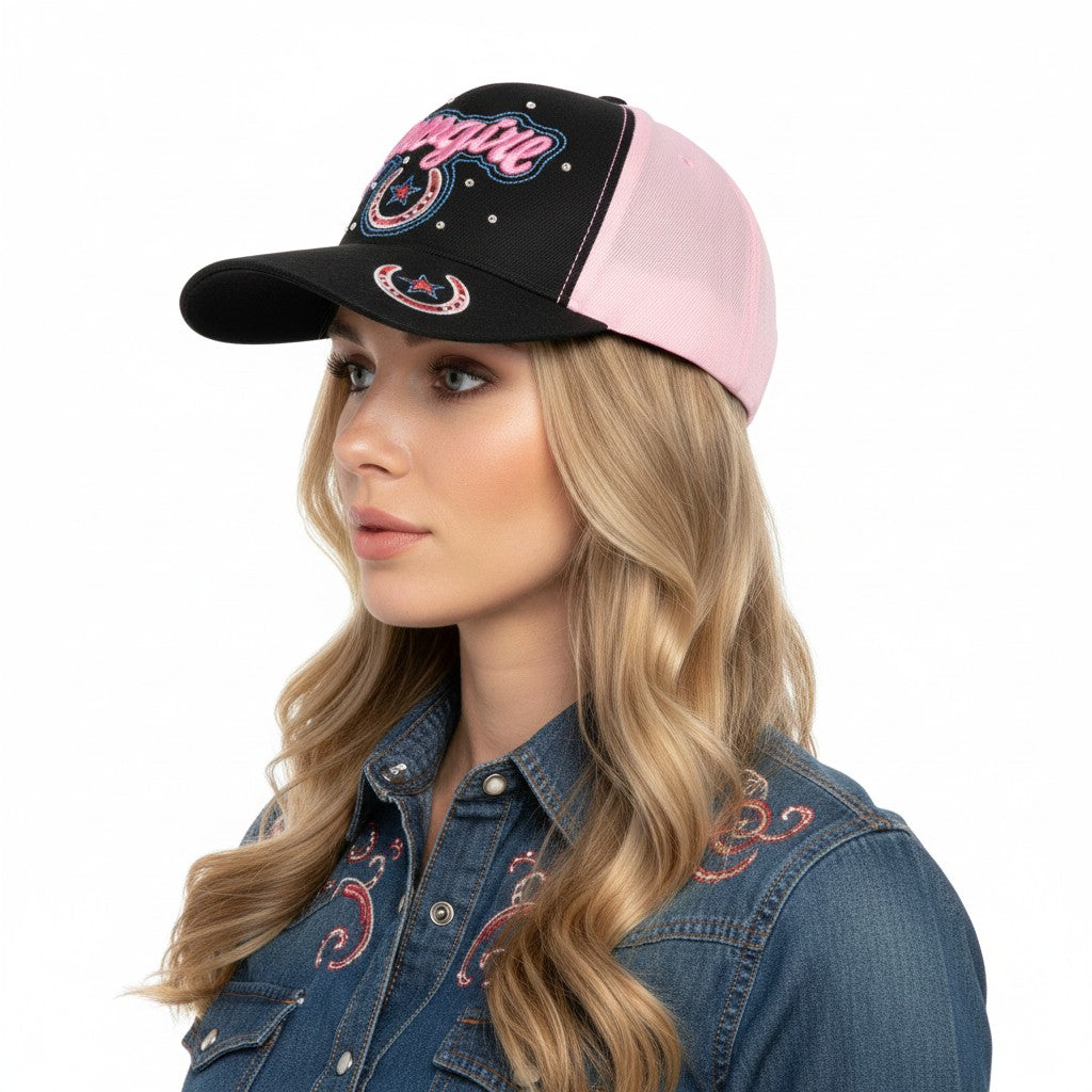Cowgirl with Horseshoes Adjustable Pink and Black Baseball Cap with a white background on a female model side profile.