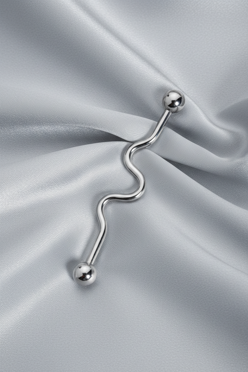 Curvy Industrial Ear Barbell in 316l stainless steel angled right view