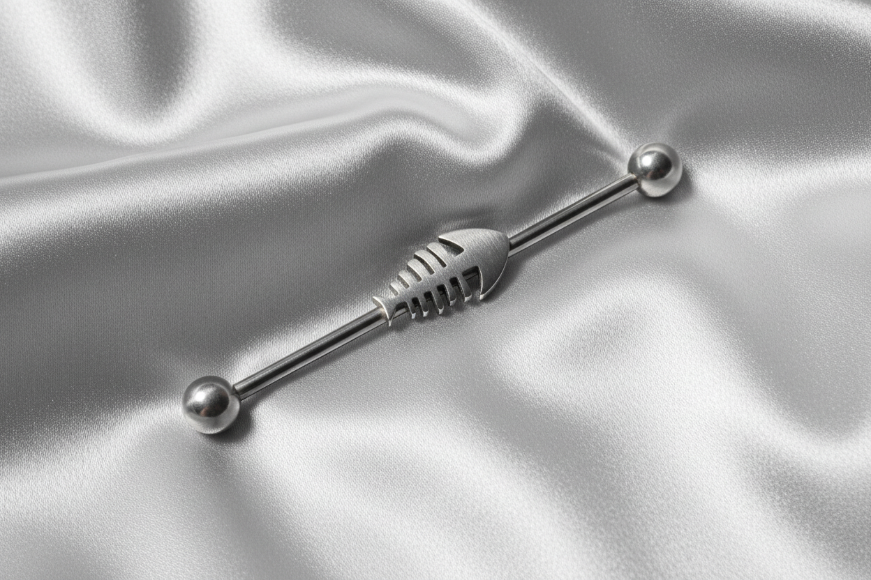 Fishbone Industrial Ear Barbell in 316l stainless steel angled right view