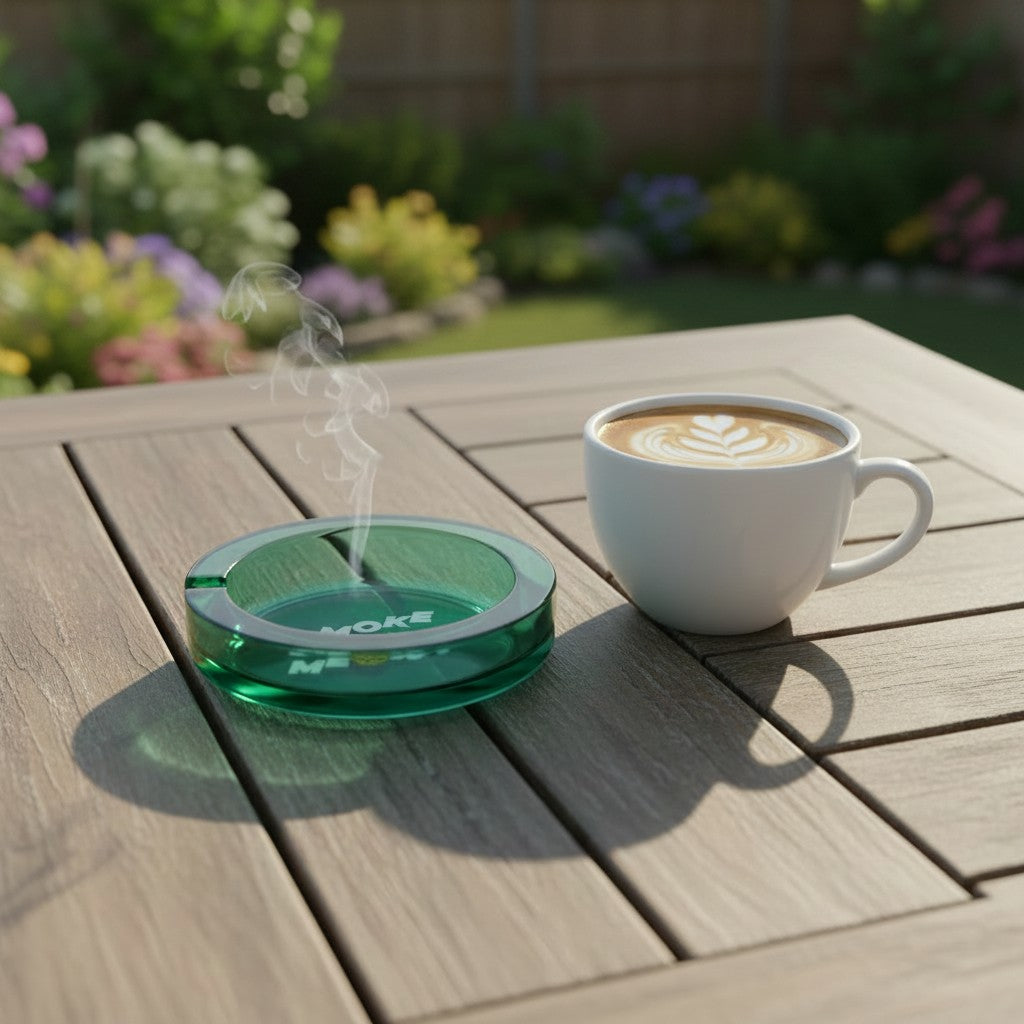 Funny Cat Face "Smoke Meowt" 3 Inch Glass Ashtray on a back yard patio table sitting next to a cup of coffee with a flower garden in the background.