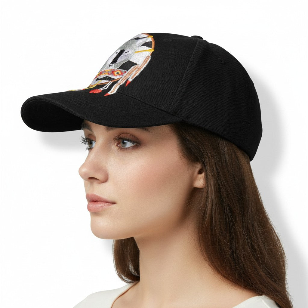 Grey Wolf with Dreamcatcher Adjustable Black Baseball Cap with a white background on a female model side profile.