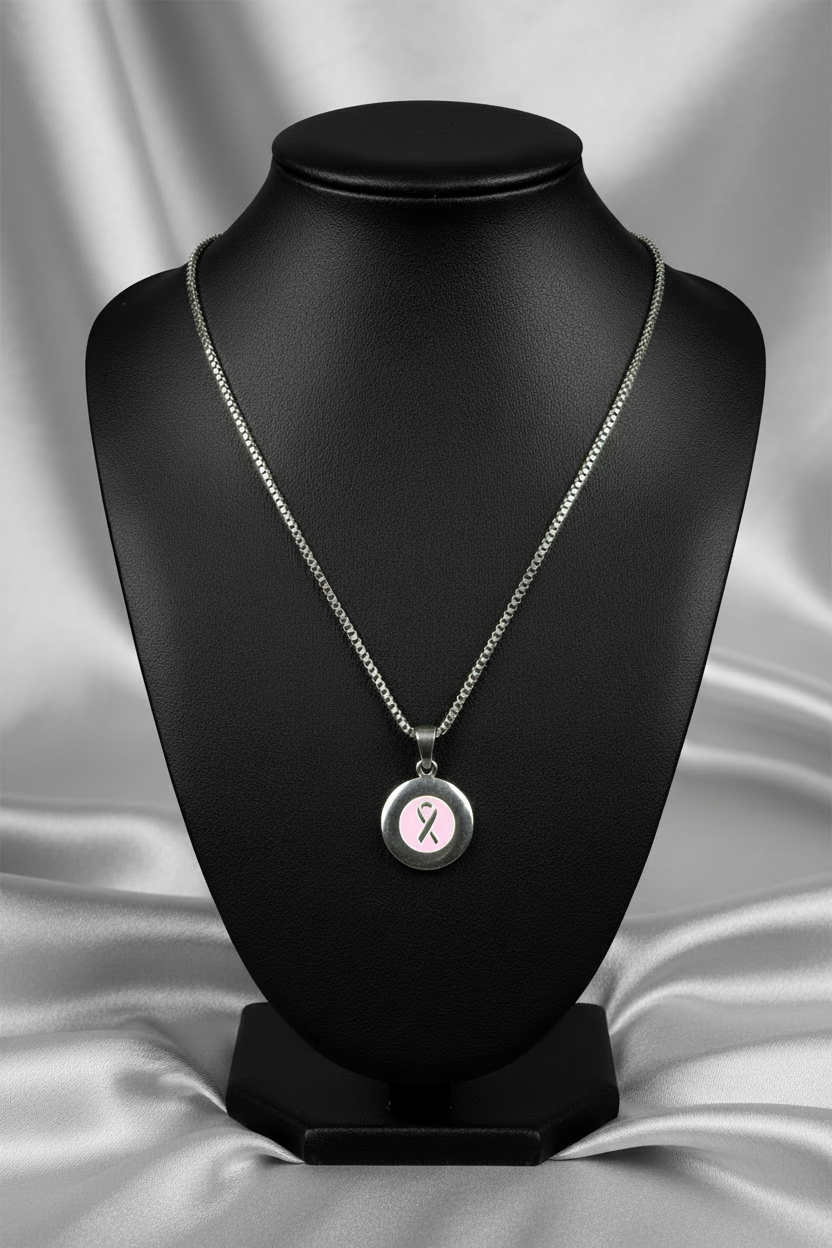 Pink Ribbon Steel Chain Necklace in 316l stainless steel on a black bust.