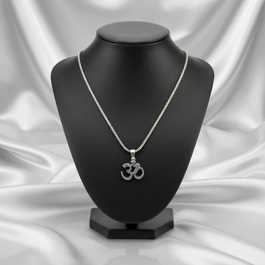 AUM Steel Chain Necklace in 316l stainless steel on a black bust.