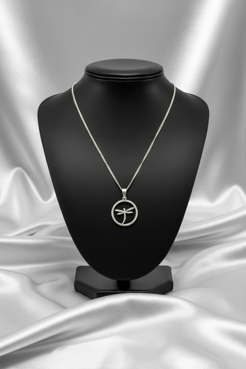 Dragonfly Steel Chain Necklace in 316l stainless steel on a black bust.