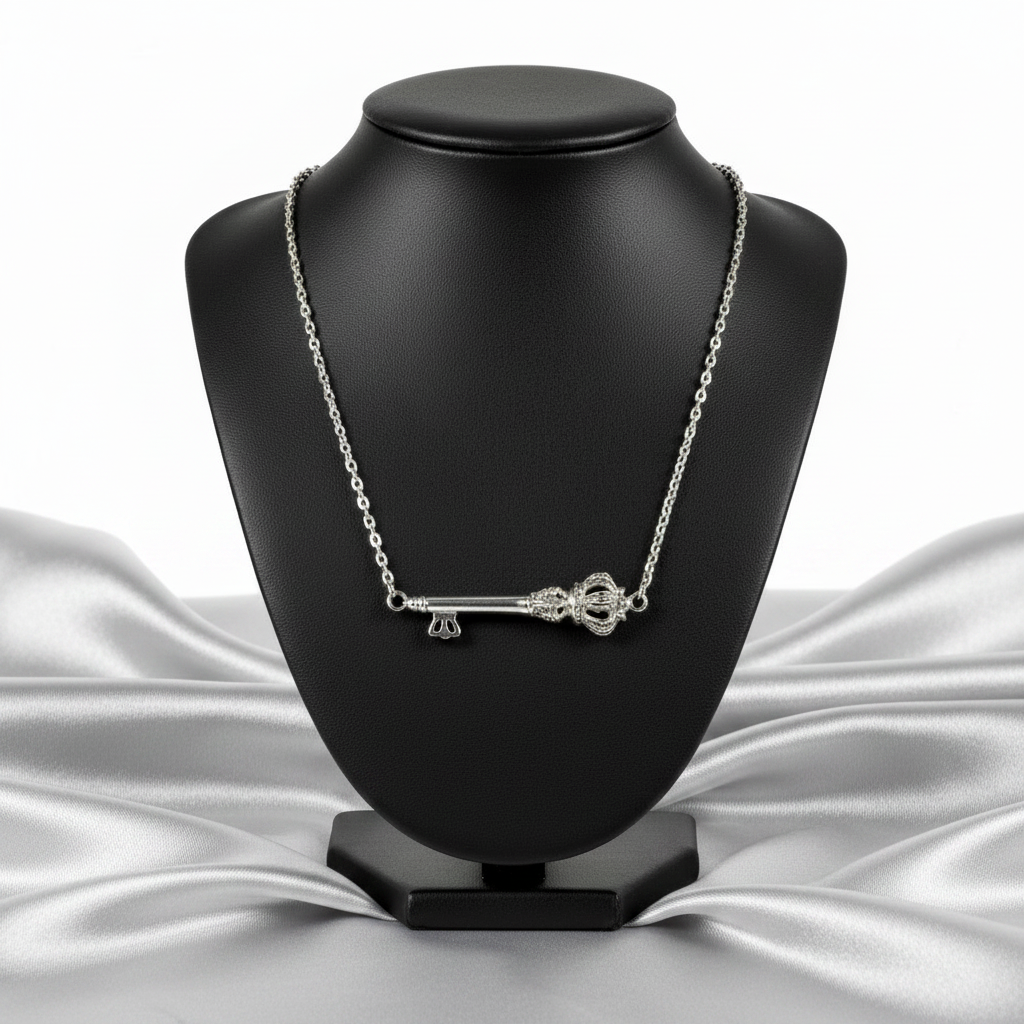 Royal Key Steel Chain Necklace in 316l stainless steel on a black bust.