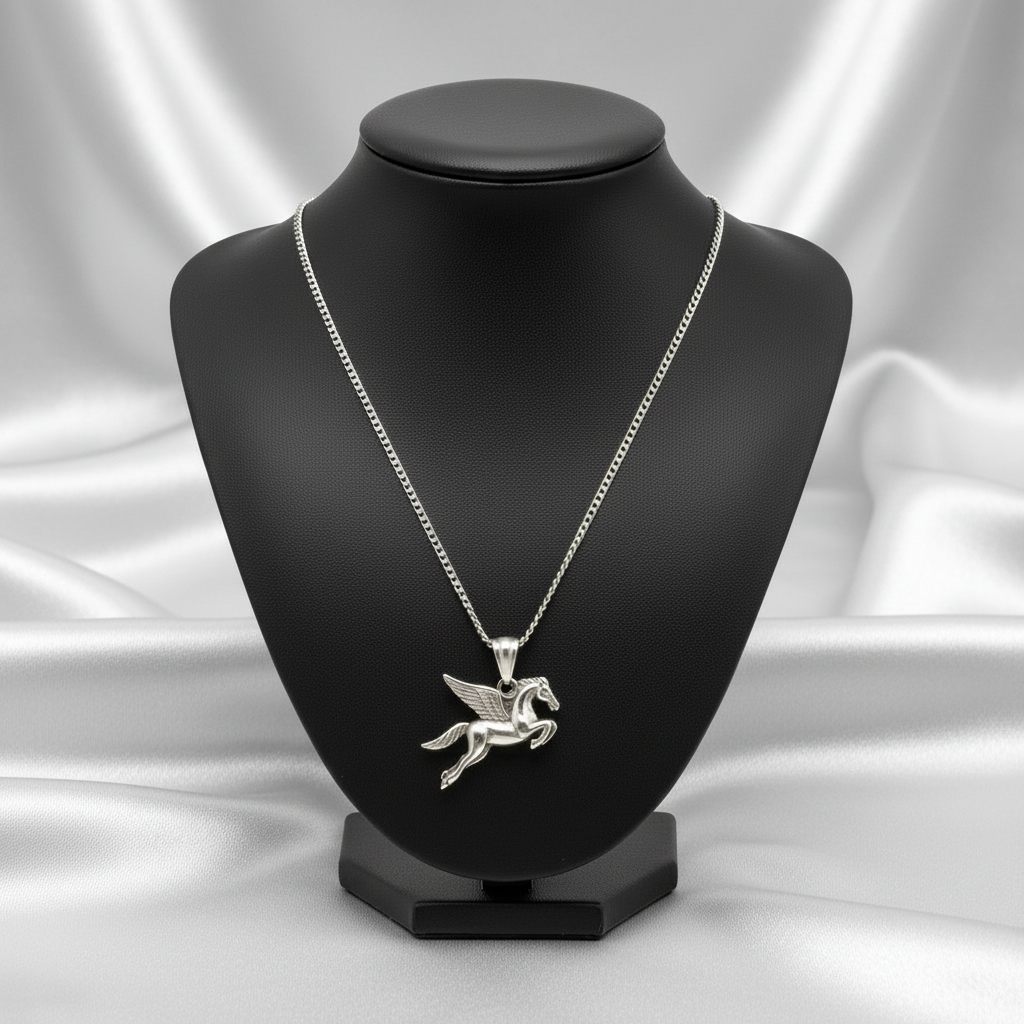 Pegasus Steel Chain Pendant in 316l stainless steel on a black bust.