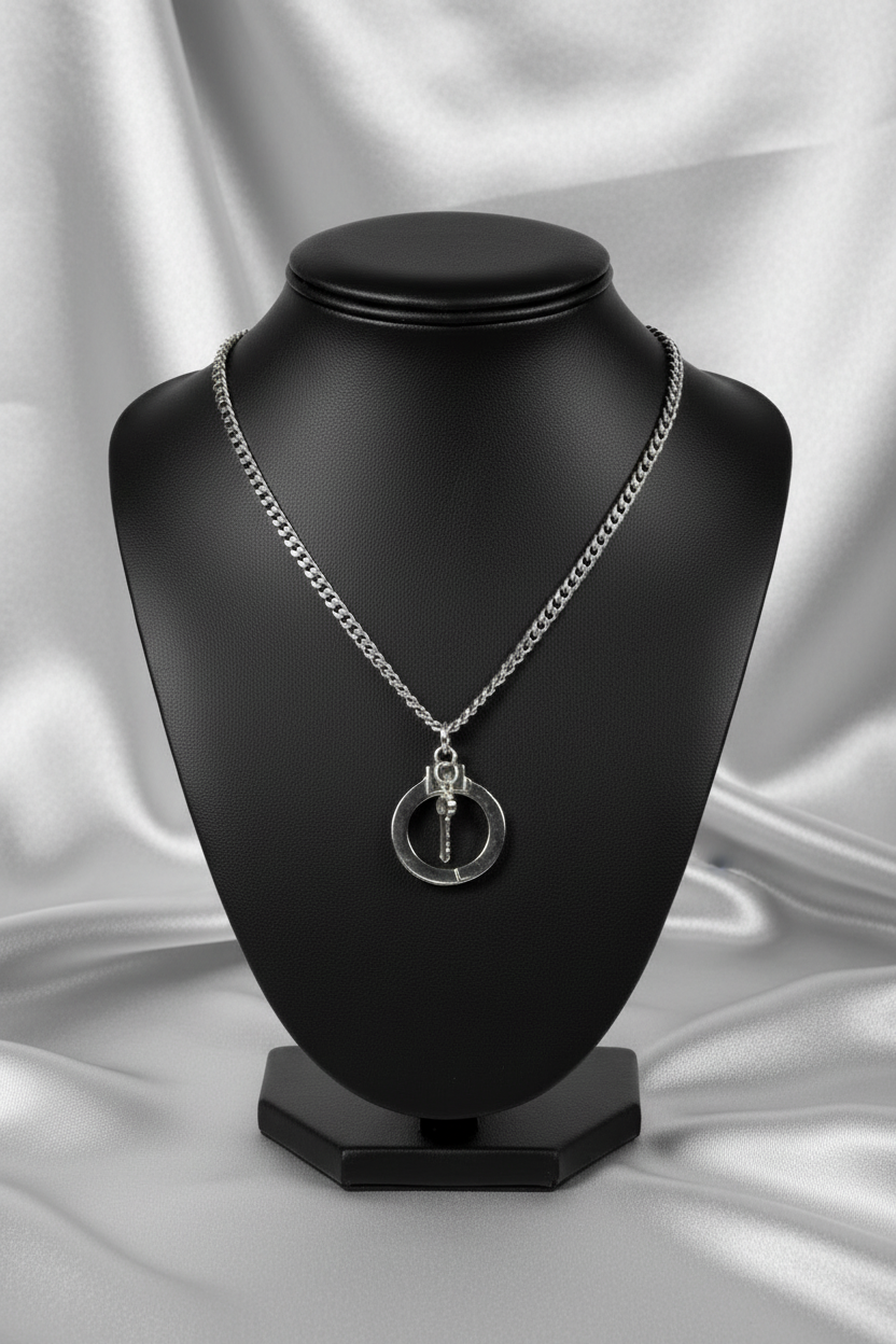 Handcuff and Key Steel Chain Necklace in 316l stainless steel on a black bust.