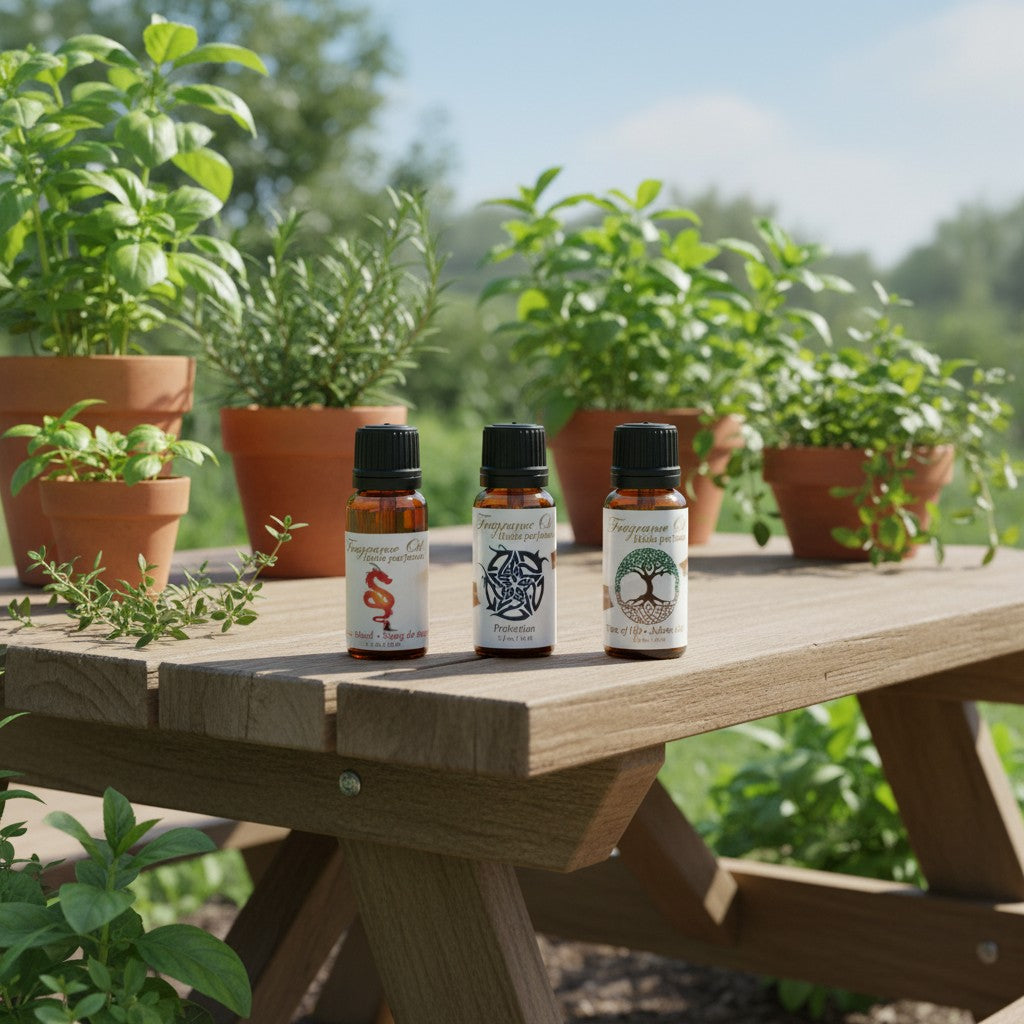 Mystic Magic Essential Oil Blends 3 Pack Special on a wooden table in an outdoor herb garden.