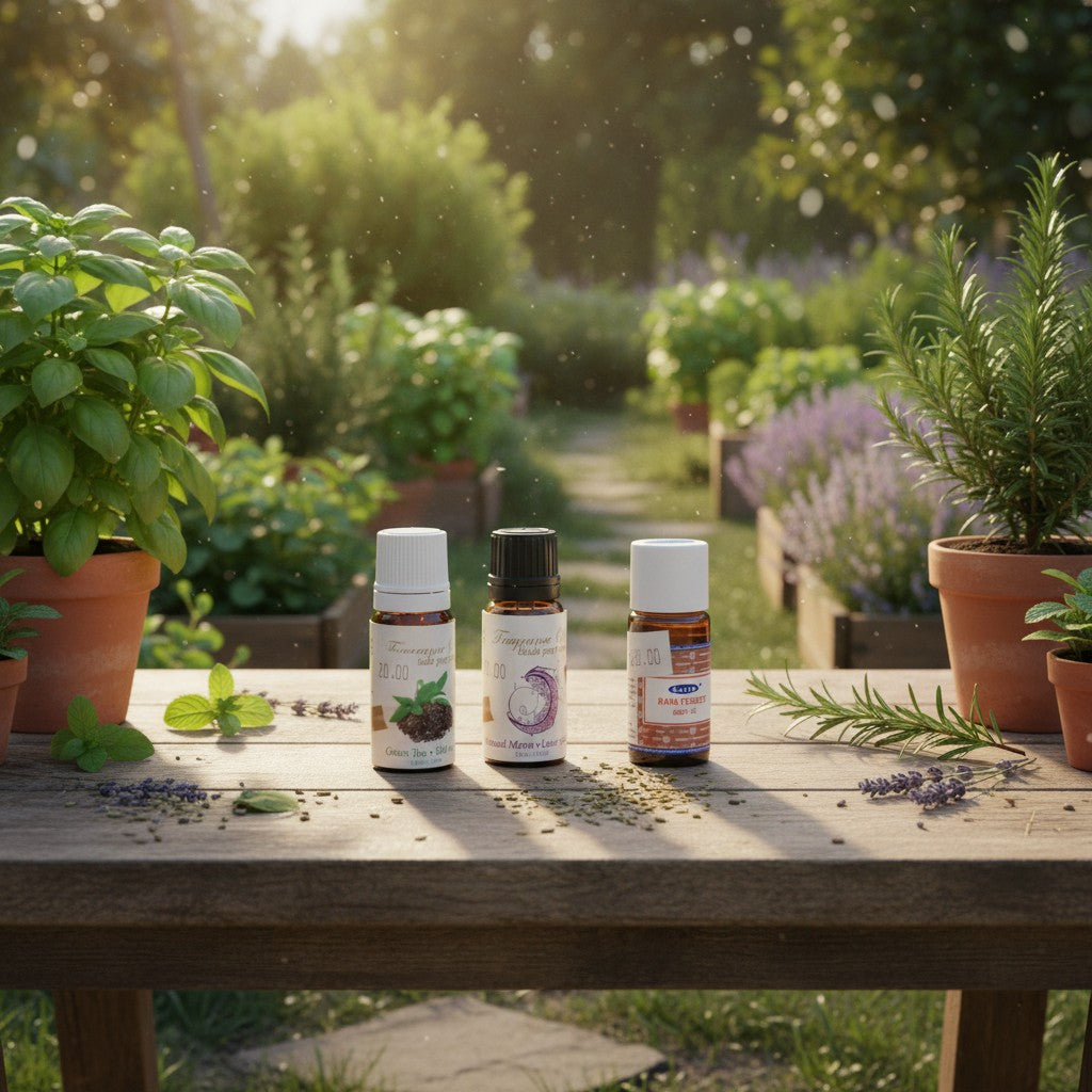 Mystic Moon Essential Oil Blends 3 Pack Special on a wooden table in an outdoor herb garden.