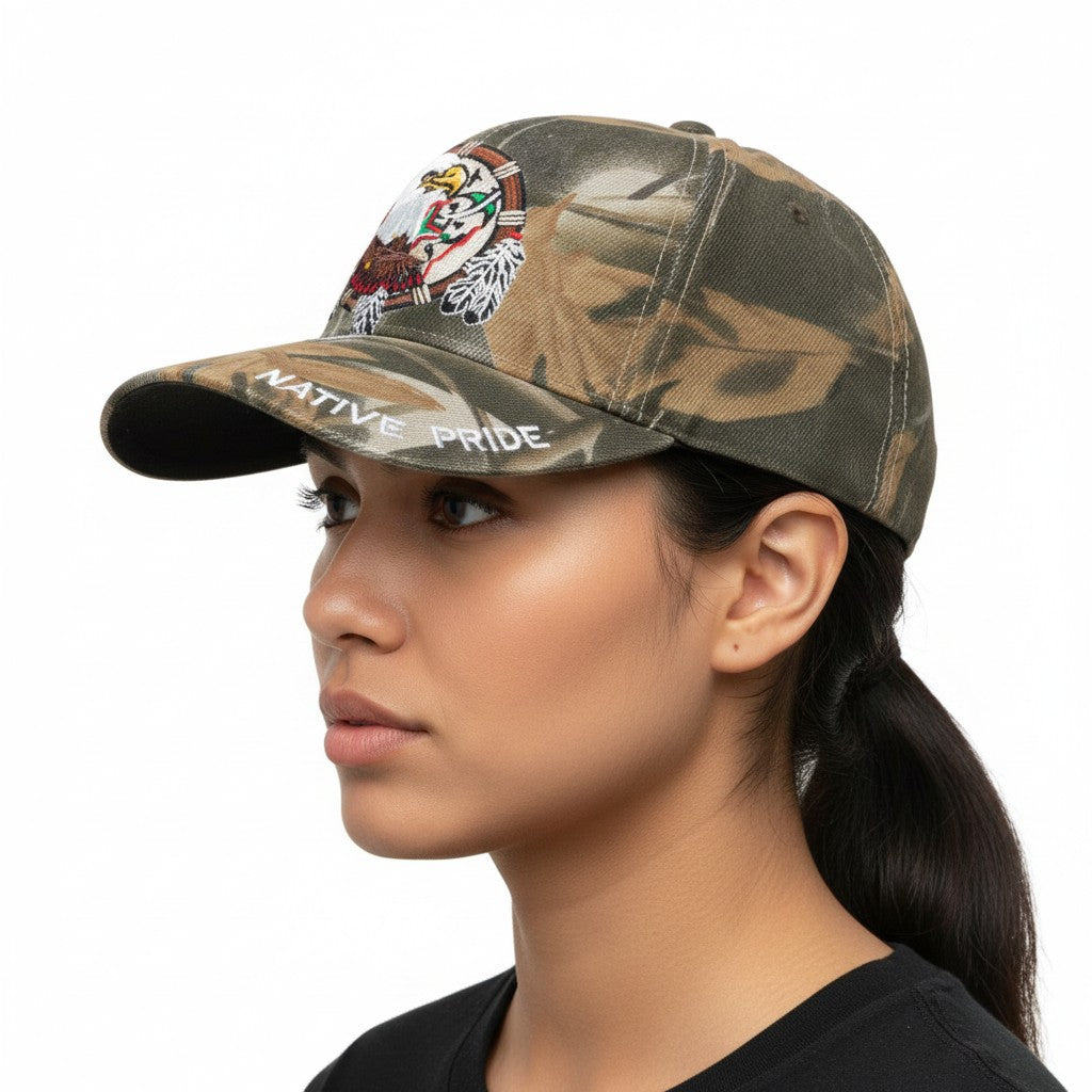Native Pride Eagle with Dreamcatcher Adjustable Camouflage Baseball Cap with a white background on an Indigenous female model side profile.