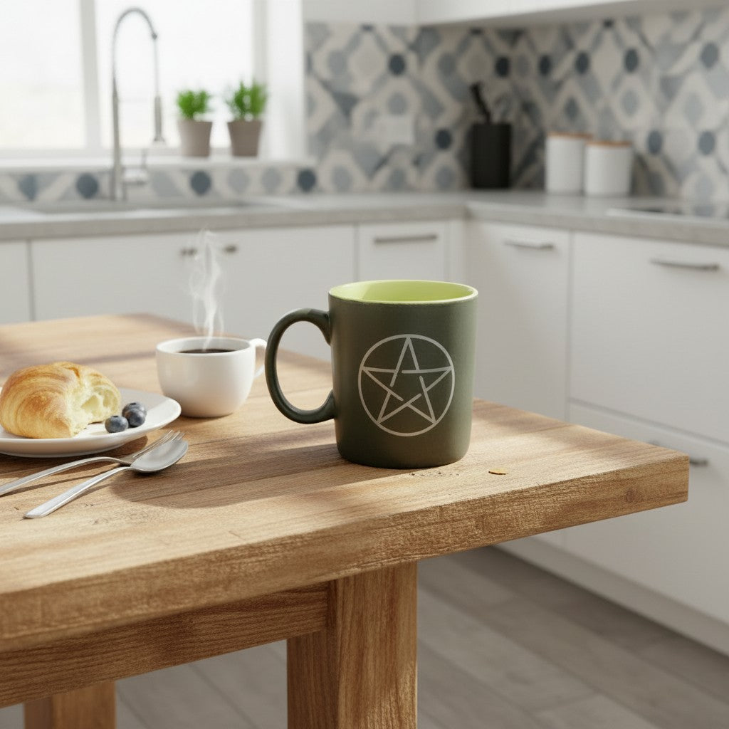 Pentagram Symbol Black Ceramic Spiritual Coffee Mug on a table in a modern kitchen breakfast setting.