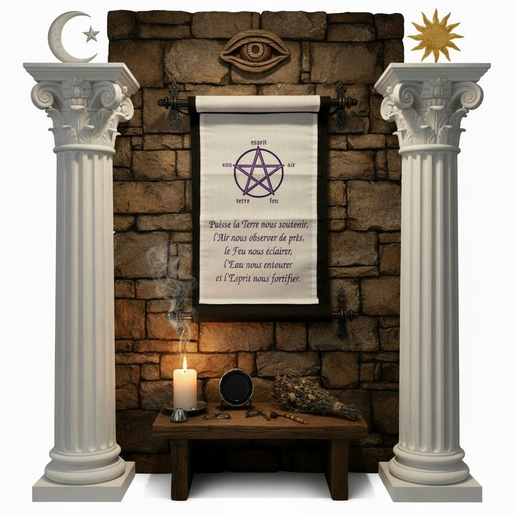 Purple Pentagram with French Elements Blessing Black Wall Tapestry hanging on a stone wall between two white pillars in an esoteric temple.