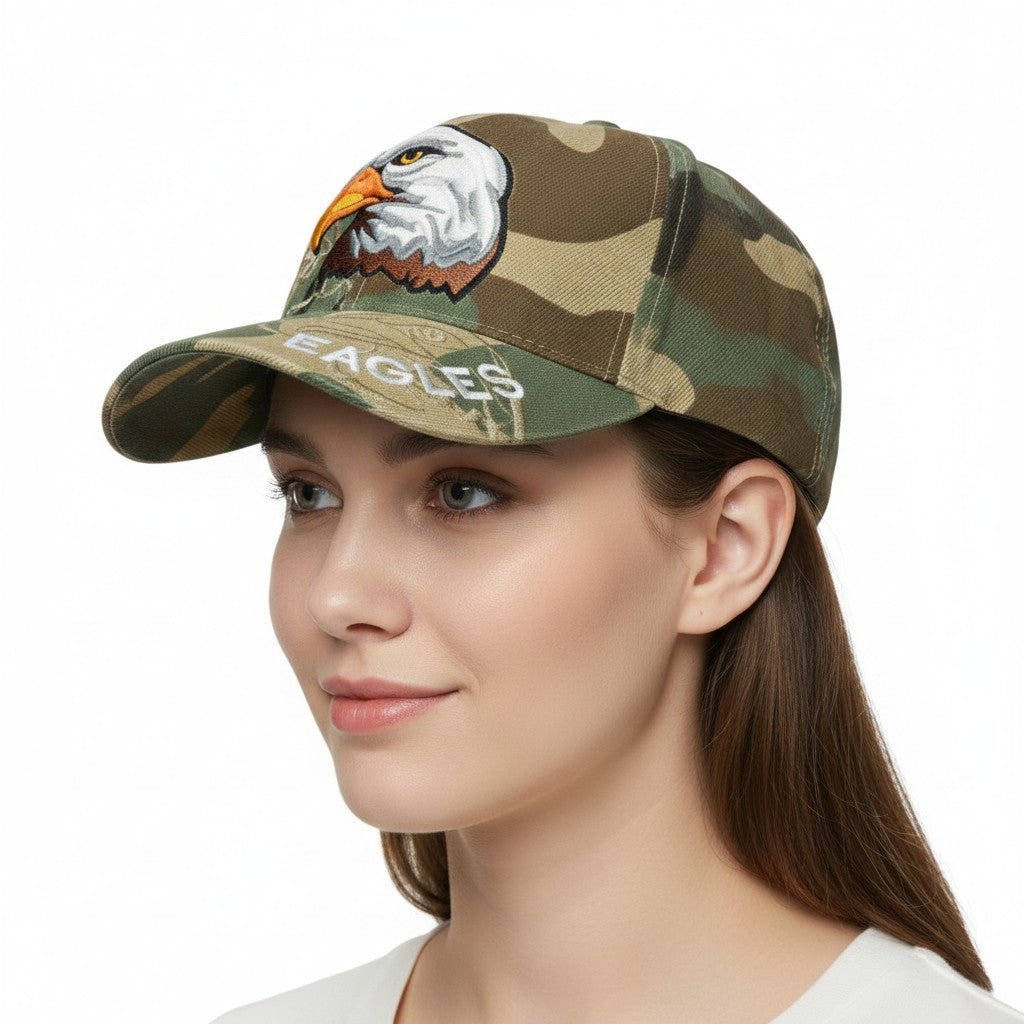 Proud Bald Eagle Adjustable Camouflage Baseball Cap with a white background on a female model side profile.