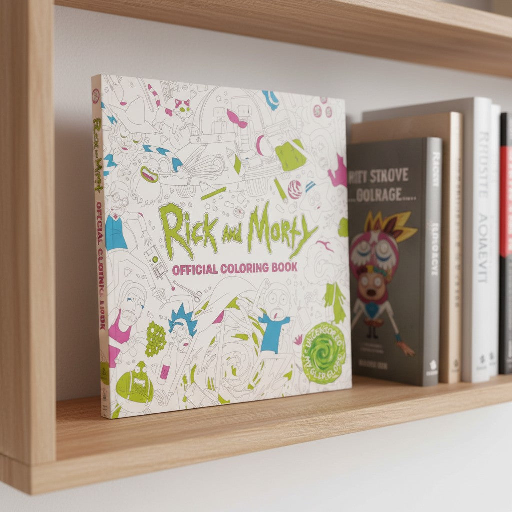 Adventures of Rick & Morty Mentally Relaxing Adult Coloring Book sitting on a bookshelf showing front cover artwork detail.