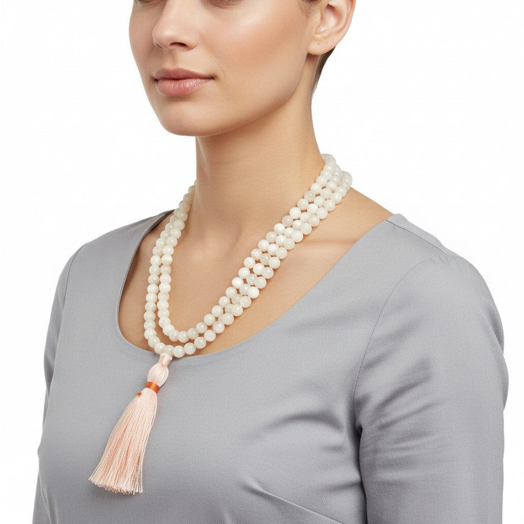 Rose Quartz Bead Mala with Pink Silk Tassel around the neck of a female model worn as a necklace.