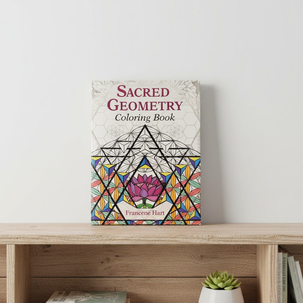 Sacred Geometry Symbols Mentally Relaxing Adult Coloring Book sitting on a bookshelf showing front cover artwork detail.