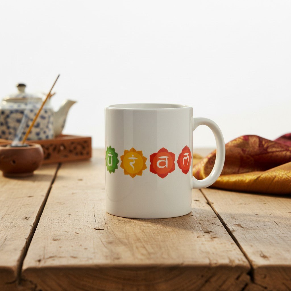 Seven Chakra Symbols White Ceramic Spiritual Coffee Mug on a wooden table in an Oriental kitchen showing right side design detail.