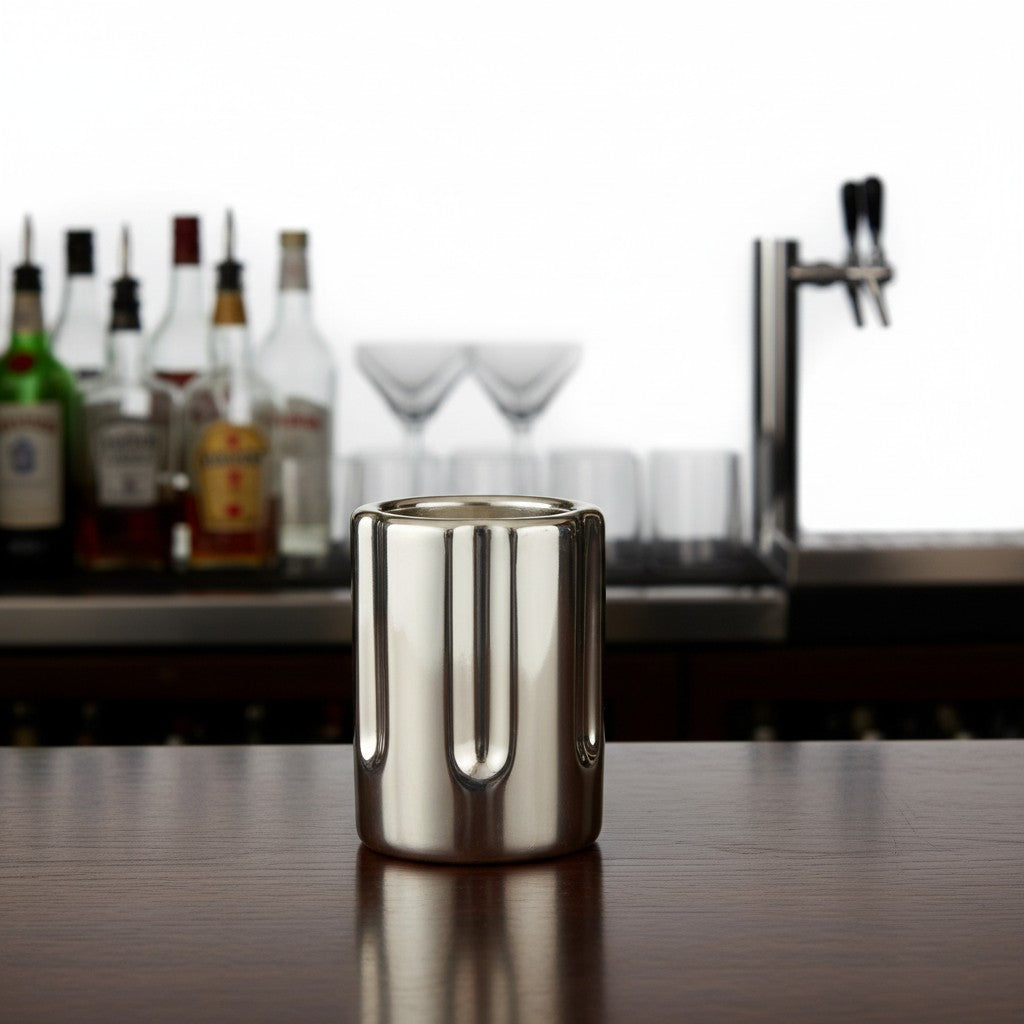 Silver Gunmetal Revolver Style Ceramic Novelty Shot Glass on a wooden counter in a bar setting with blurred alcohol bottles in the background.