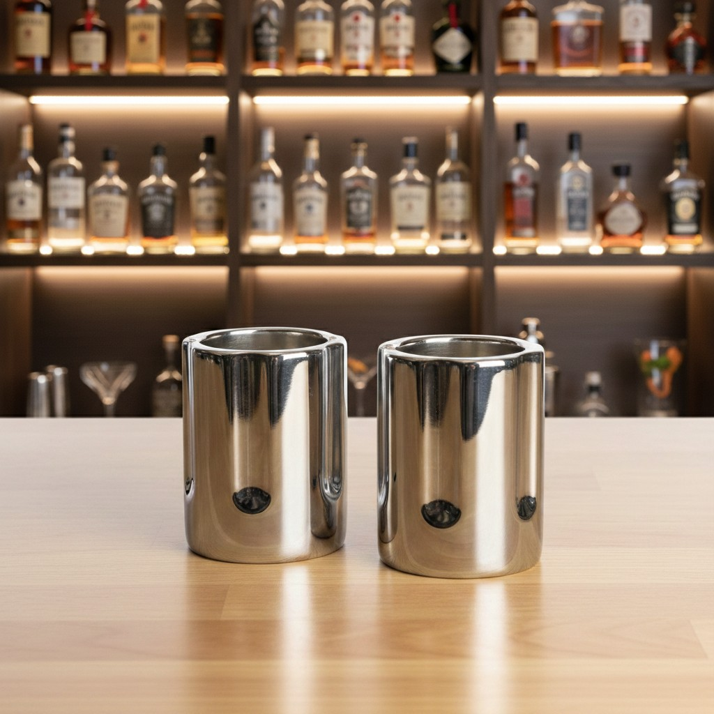 Silver Gunmetal Revolver Style Ceramic Novelty Shot Glass Set on a wooden counter in a bar setting with blurred shelved alcohol in the background.