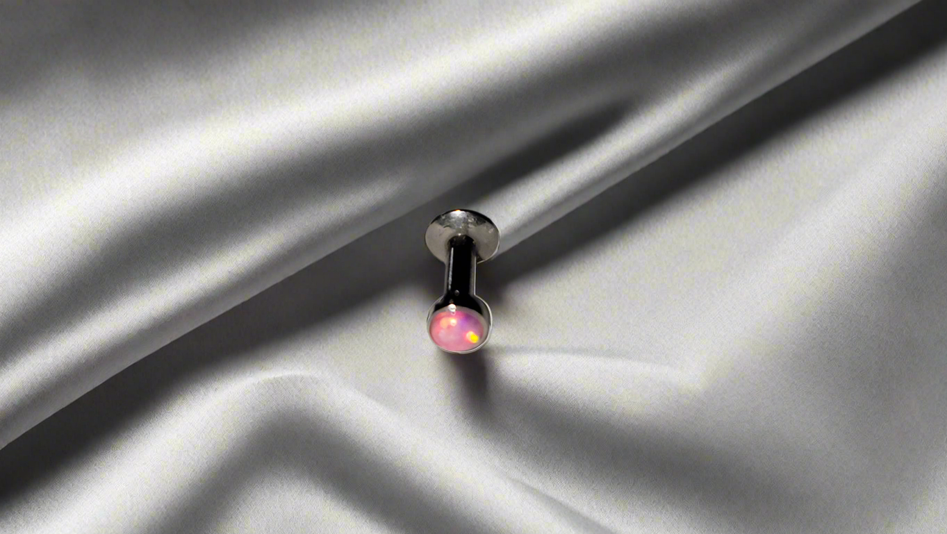Stainless Steel Labret/Monroe or Tragus Piercing with Internally Threaded Pink Opal