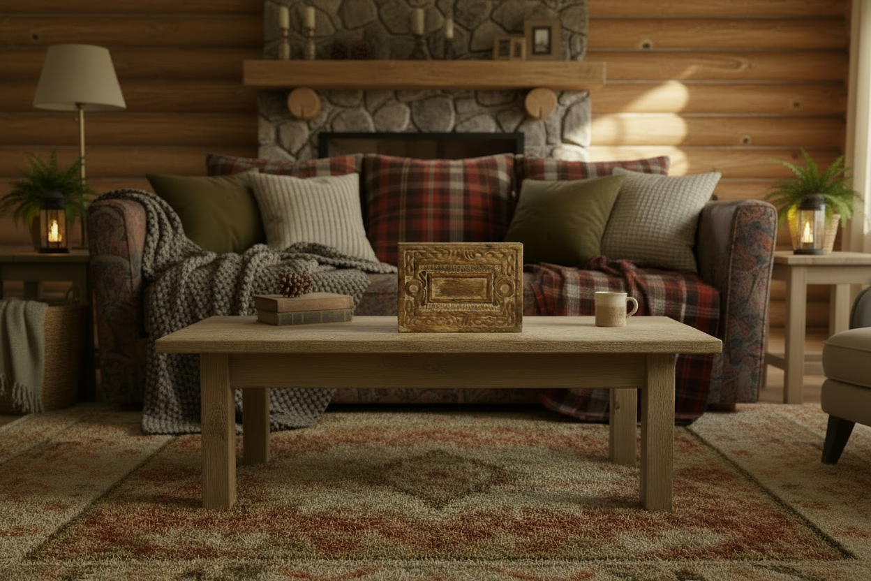 Engraved Rustic Wooden Keepsake Box on a coffee table in the living room of a log cabin.