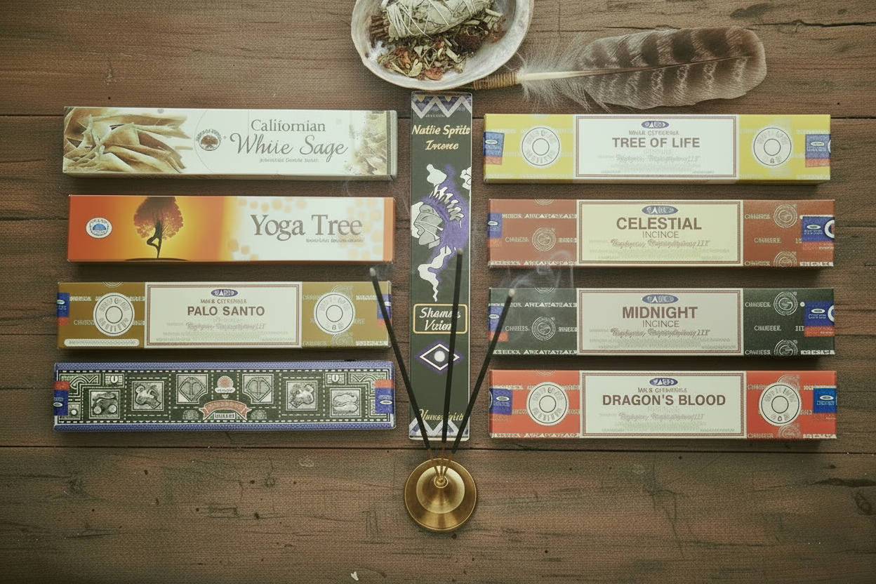 Nocturnal Wisdom Incense Variety Gift Package on a wooden surface with a sage shell, a smudging feather and incense burning with smoke rising.