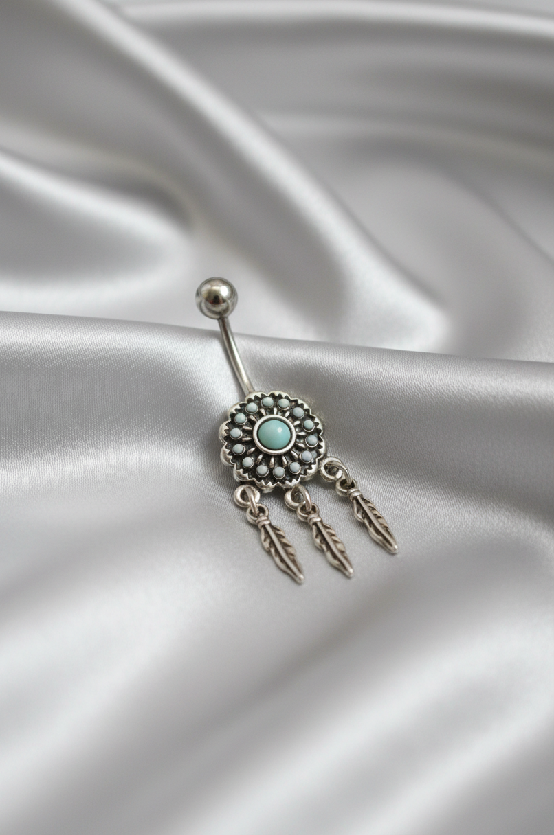 Turquoise Dream Catcher Belly Button Ring in 316l stainless steel.