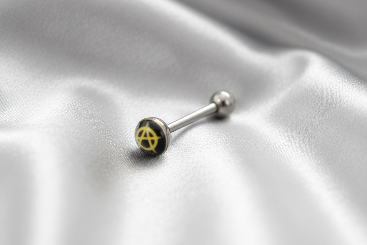 Anarchy Symbol tongue barbell in 316L stainless steel