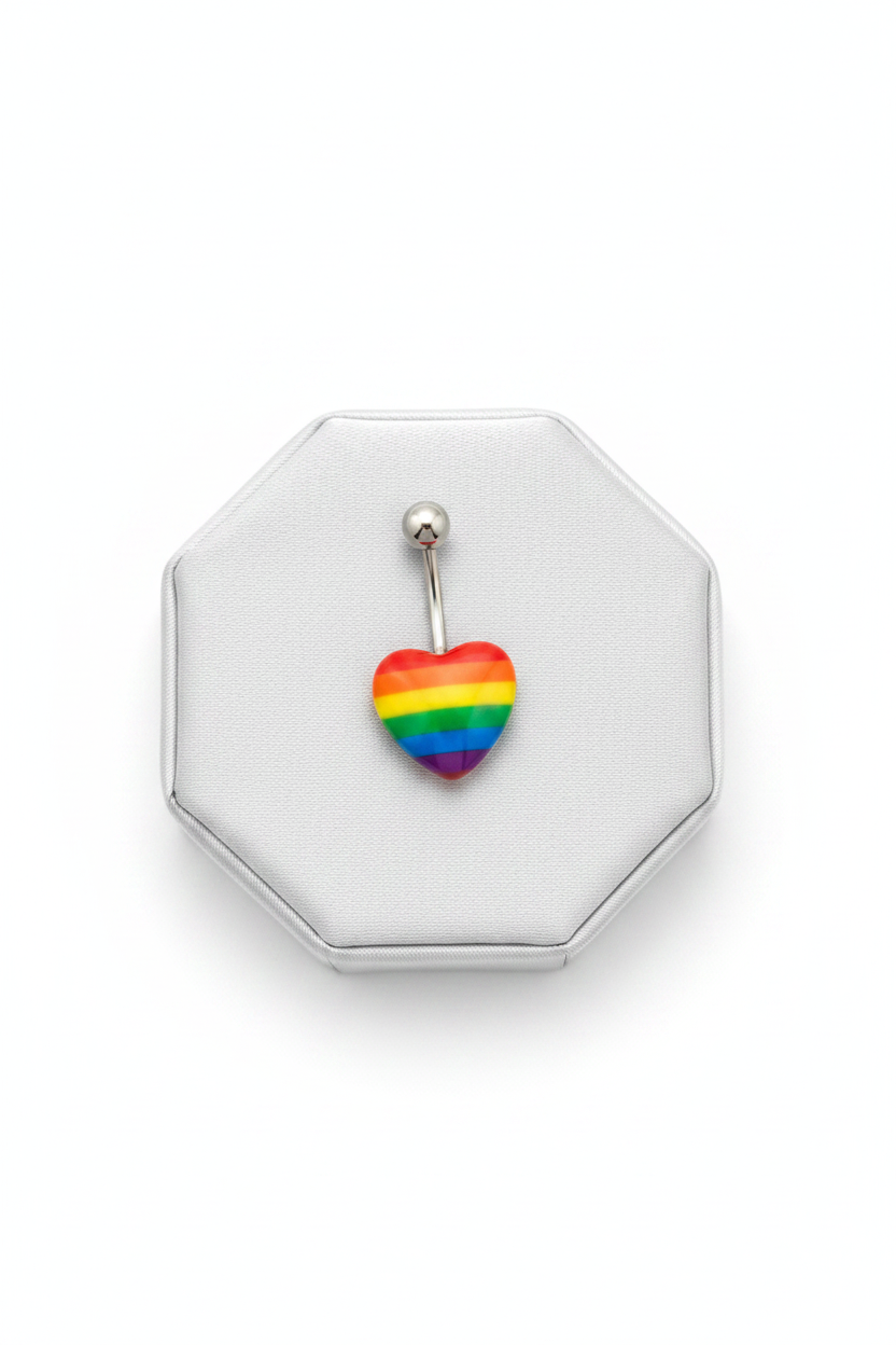 Rainbow Heart Acrylic Belly Button Ring in 316l stainless steel on a silver jewelry display.
