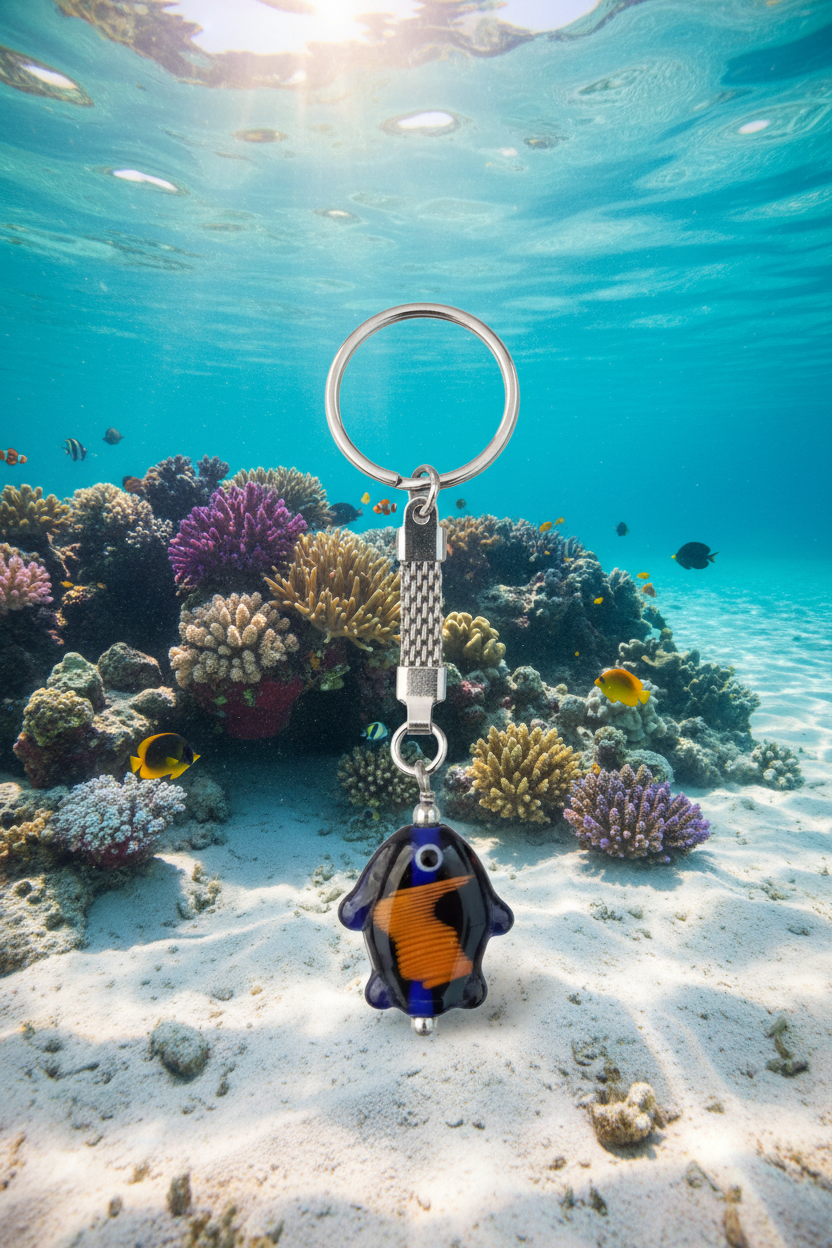 Blue Glass Fish Steel Plated Handmade Keychain in a tropical ocean setting.