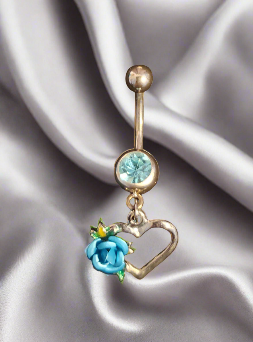 Belly Piercing Stainless Steel 316L with Dangling Aqua Rose Heart