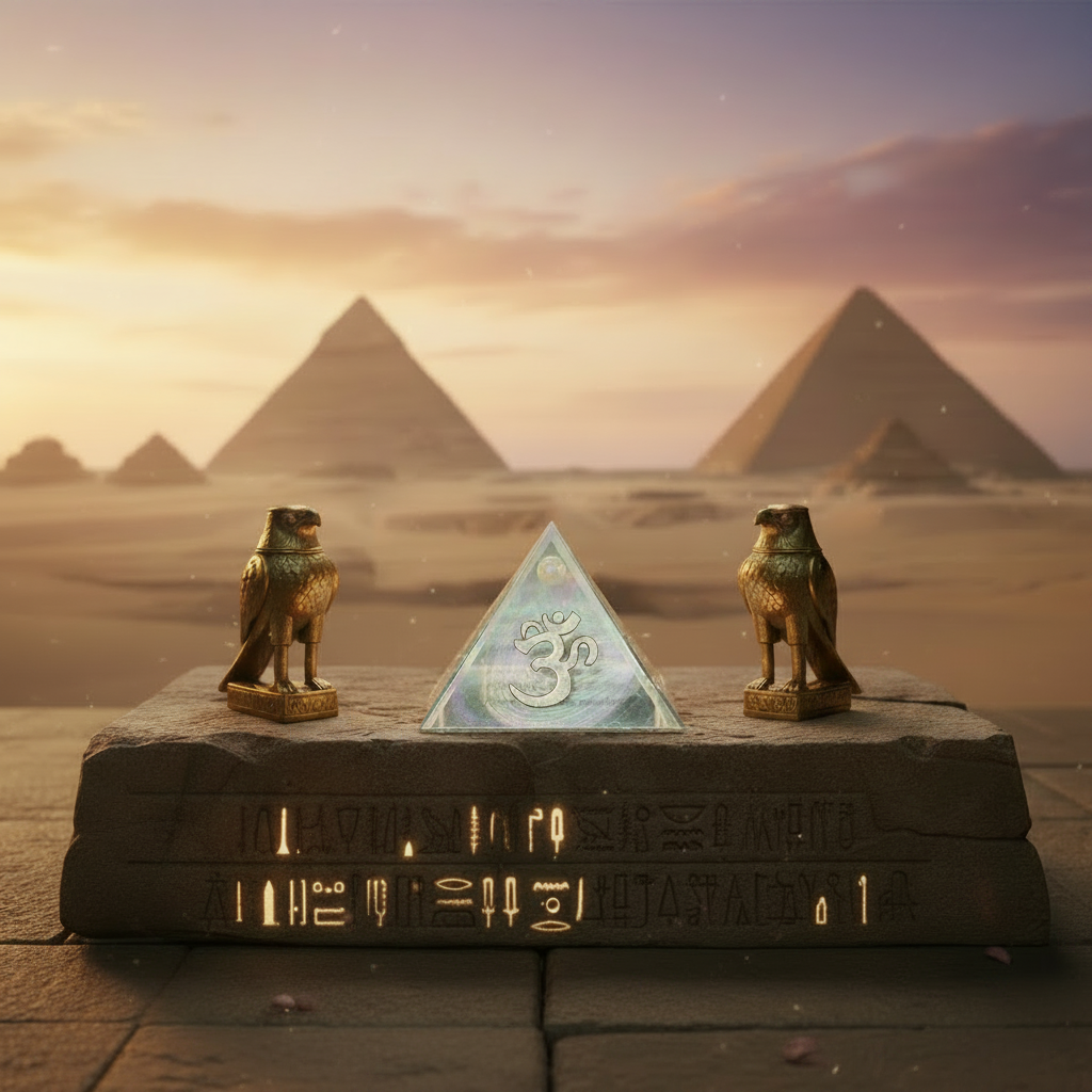 White Ohm Symbol Mini Glass Pyramid Keepsake Box on a stone surface with Giza plateau in the background.