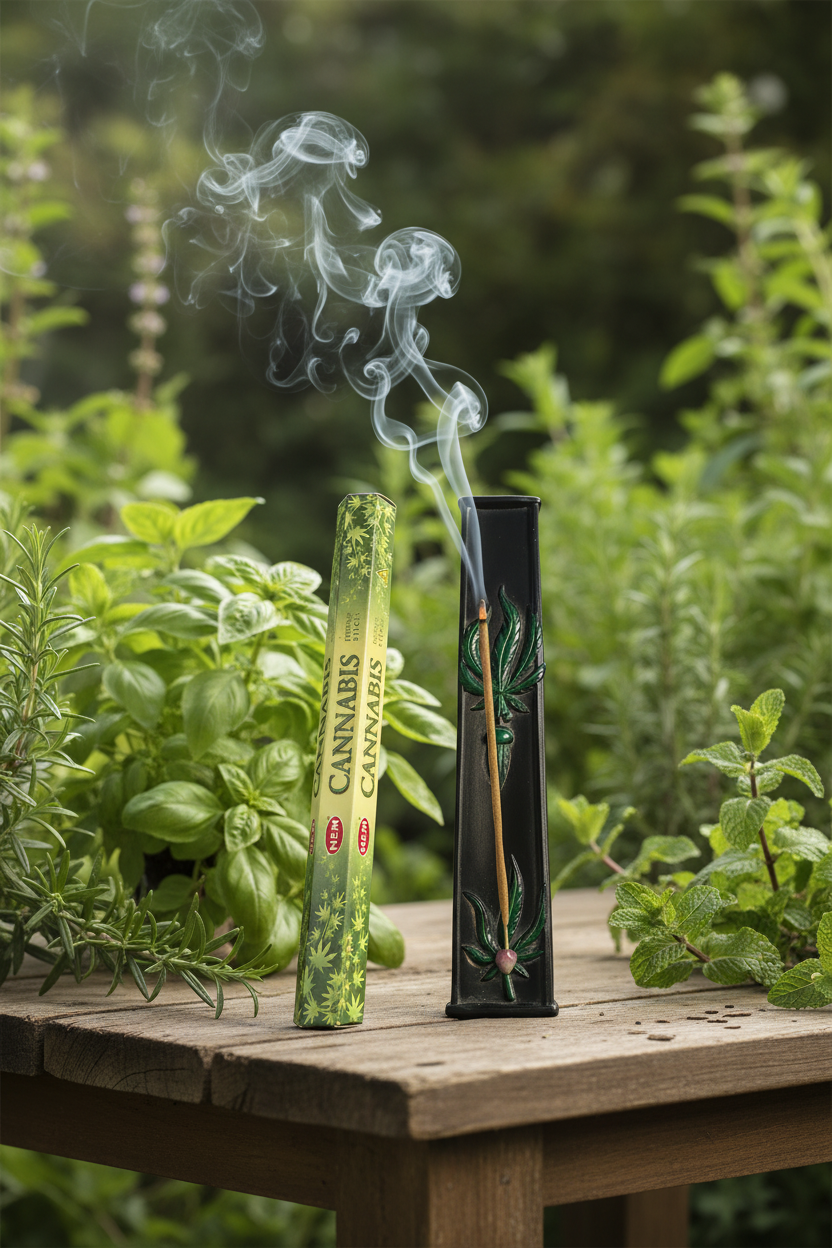 Green Leaf Man Resin Incense Burner - Free Incense on a wooden table in an herb garden with incense burning and smoke rising.