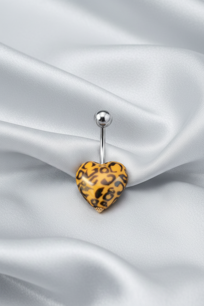 Orange Leopard Print Heart acrylic belly button ring in 316l stainless steel