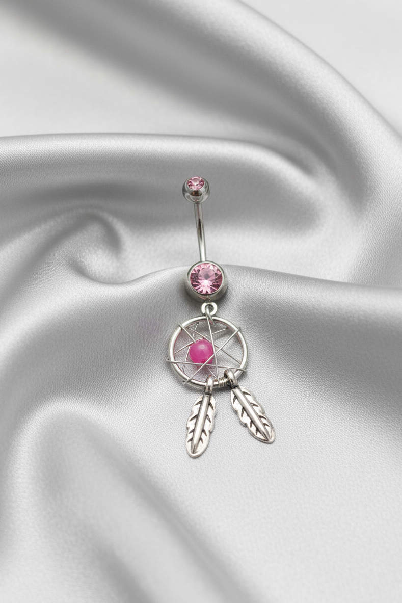 Pink Crystal Mystical Dream Catcher Belly Button Ring in 316l stainless steel.
