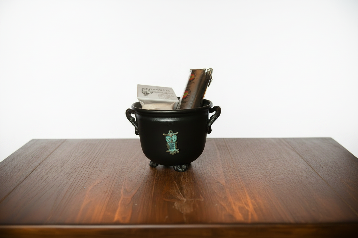 Metal Witches Cauldron with Owl