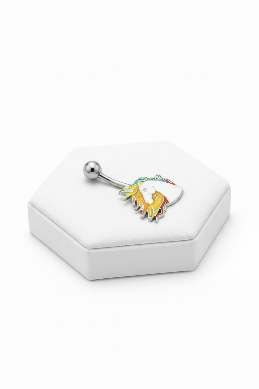 Horse Belly Button Ring / Enamel Horse Head in 316l stainless steel on a silver jewelry display.