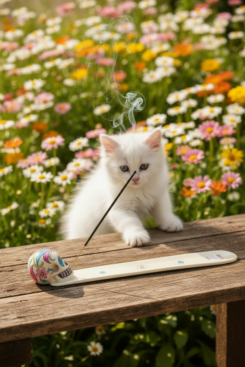 Sugar Skull Resin Incense Holder - Free Incense on a wooden table in a garden of wild daisies with a curious white kitten, incense burning and smoke rising.
