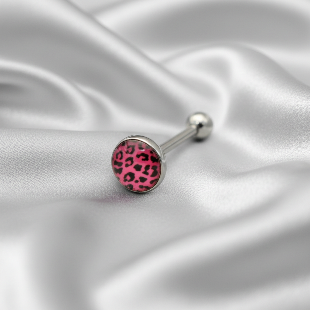 Pink Leopard Print tongue barbell in 316l stainless steel