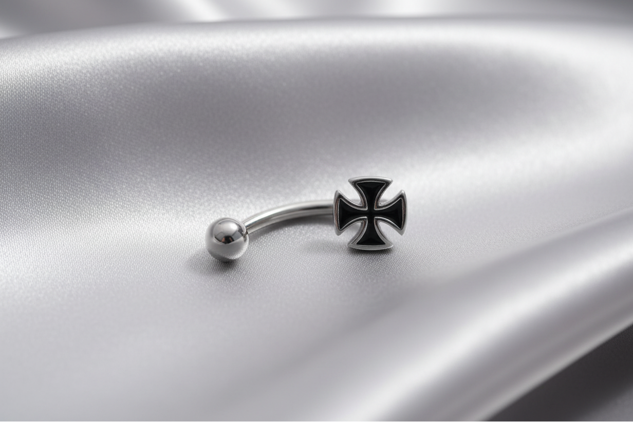Black Maltese Cross Eyebrow Ring in 316l stainless steel.
