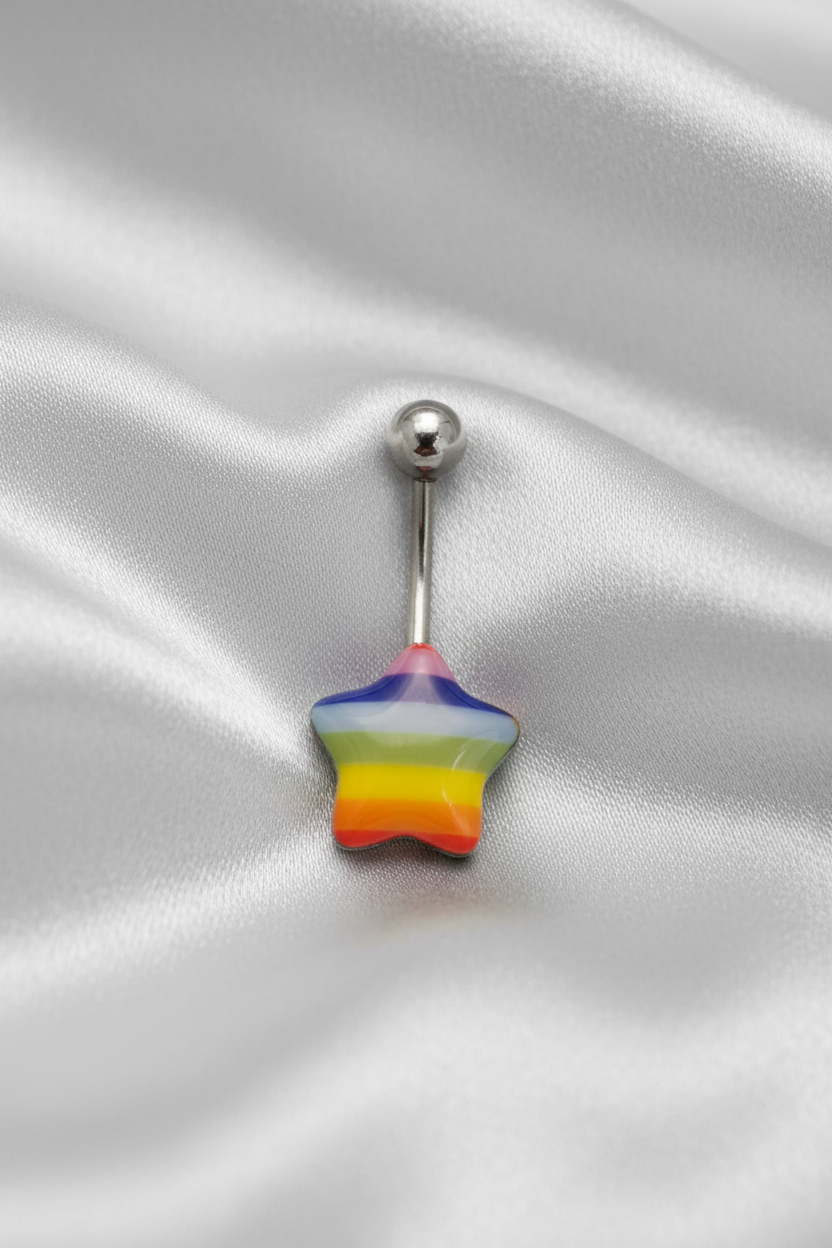 Rainbow Star acrylic belly button ring in 316l stainless steel