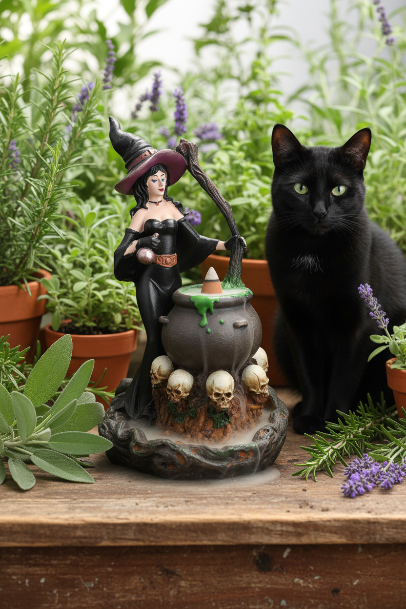 Busy Witch with Bubbling Cauldron Back Flow Resin Incense Holder - Free Incense on a wooden table in an herb garden with a black cat, incense burning and smoke cascading downwards.