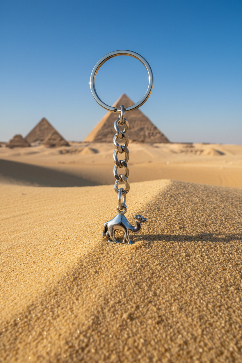 Desert Camel Handmade Pewter Charm Keychain in Egypt on the sand with the Pyramids in the background.