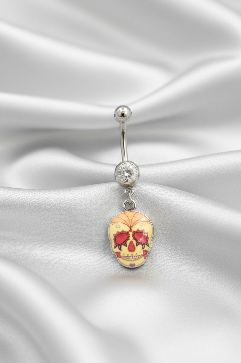 Clear Crystal Spider Web Sugar Skull Belly Button Ring - 316L Stainless Steel