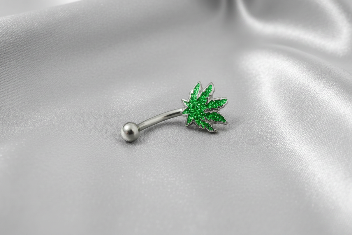 Sparkle Green Leaf Steel Eyebrow Ring in 316l stainless steel.