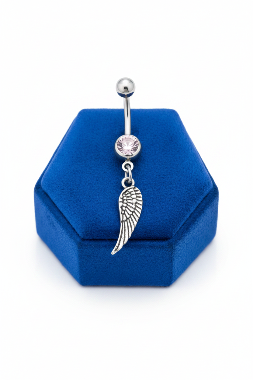 Purple Crystal Dove Wing Belly Button Ring in 316l stainless steel on a blue velvet jewelry display.