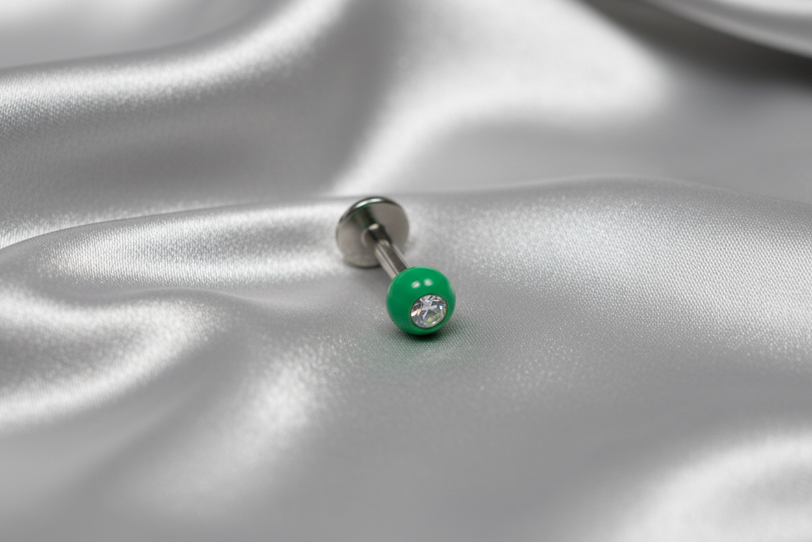 Clear Crystal Green Acrylic Labret Lip ring in 316l stainless steel.