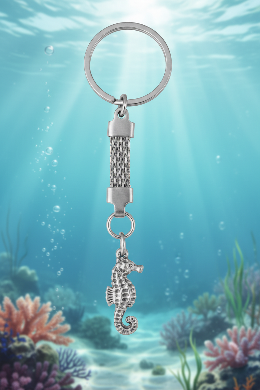 Sea Horse Handmade Silver Plated Charm Keychain in a tropical ocean setting with colorful coral reefs.