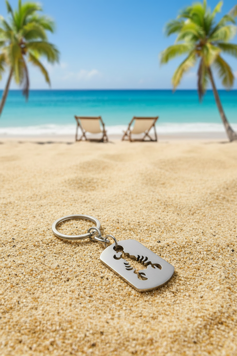 Lobster Tag Handmade 316L Stainless Steel Charm Keychain on the sand at a tropical beach with 2 beach chairs in the background by the sea.